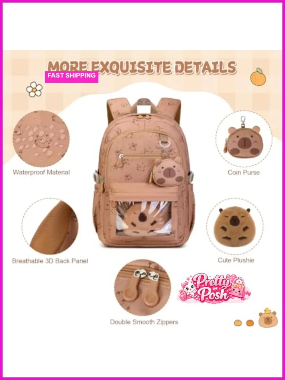 Capybara Backpack with Lunch Box Bag & Pencil Case for School Girls